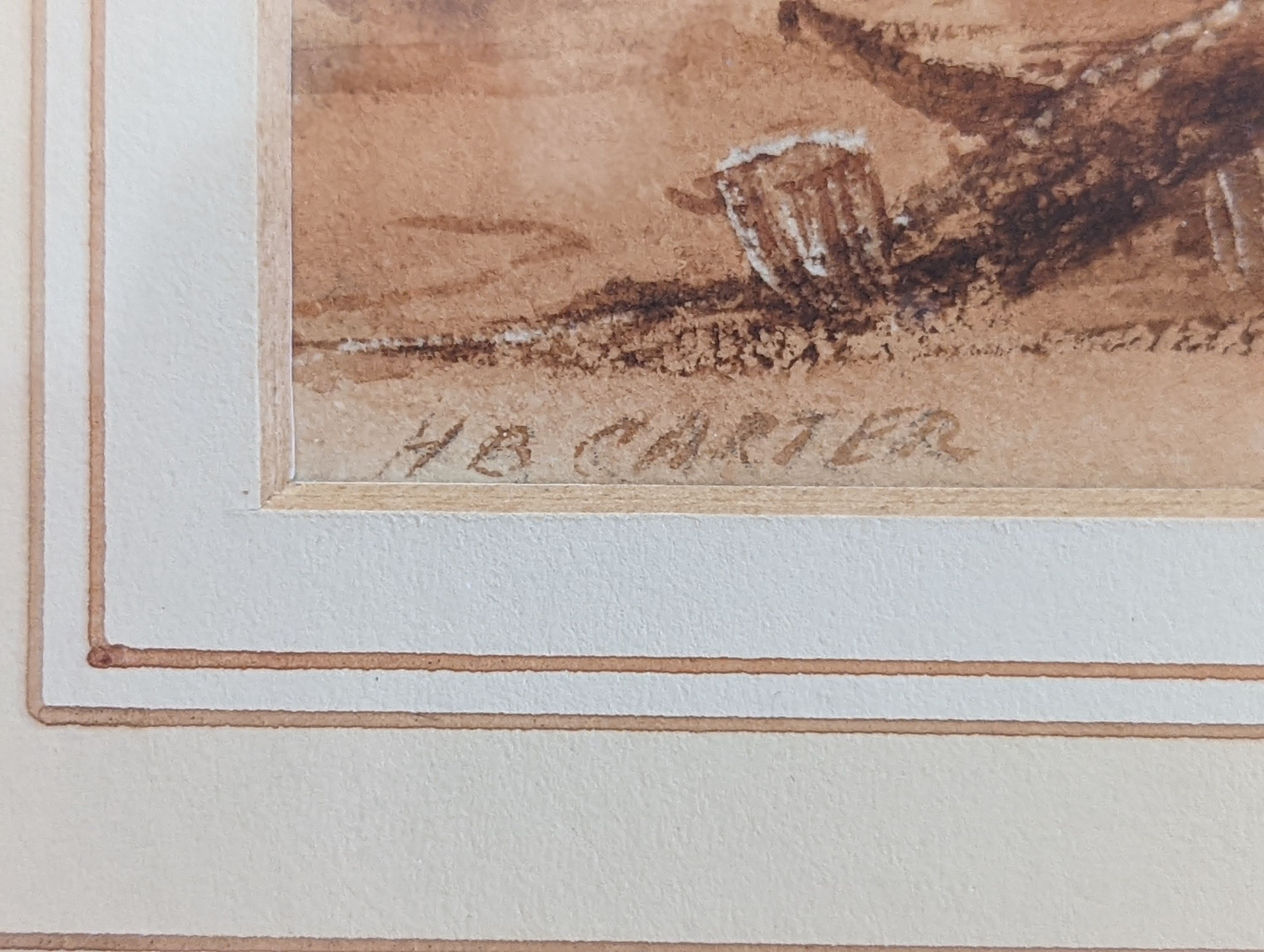 Henry Barlow Carter, (1803-1867), ‘Sailing Vessel on a Beach’, framed sepia watercolour, signed. 11x16cm